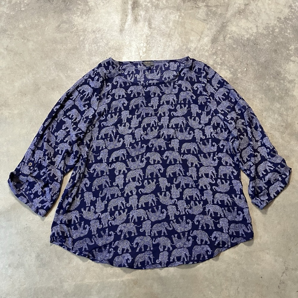Mix by 41 Hawthorn Shirt Womens Sz L Navy Blue Elephant Long Roll Tab Sleeve